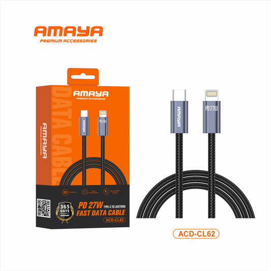 Amaya ACD-CL62 PD 27W Type-C to Lightning Fast Data Cable – 2 Meter (2000mm) Braided iPhone Charging Cord