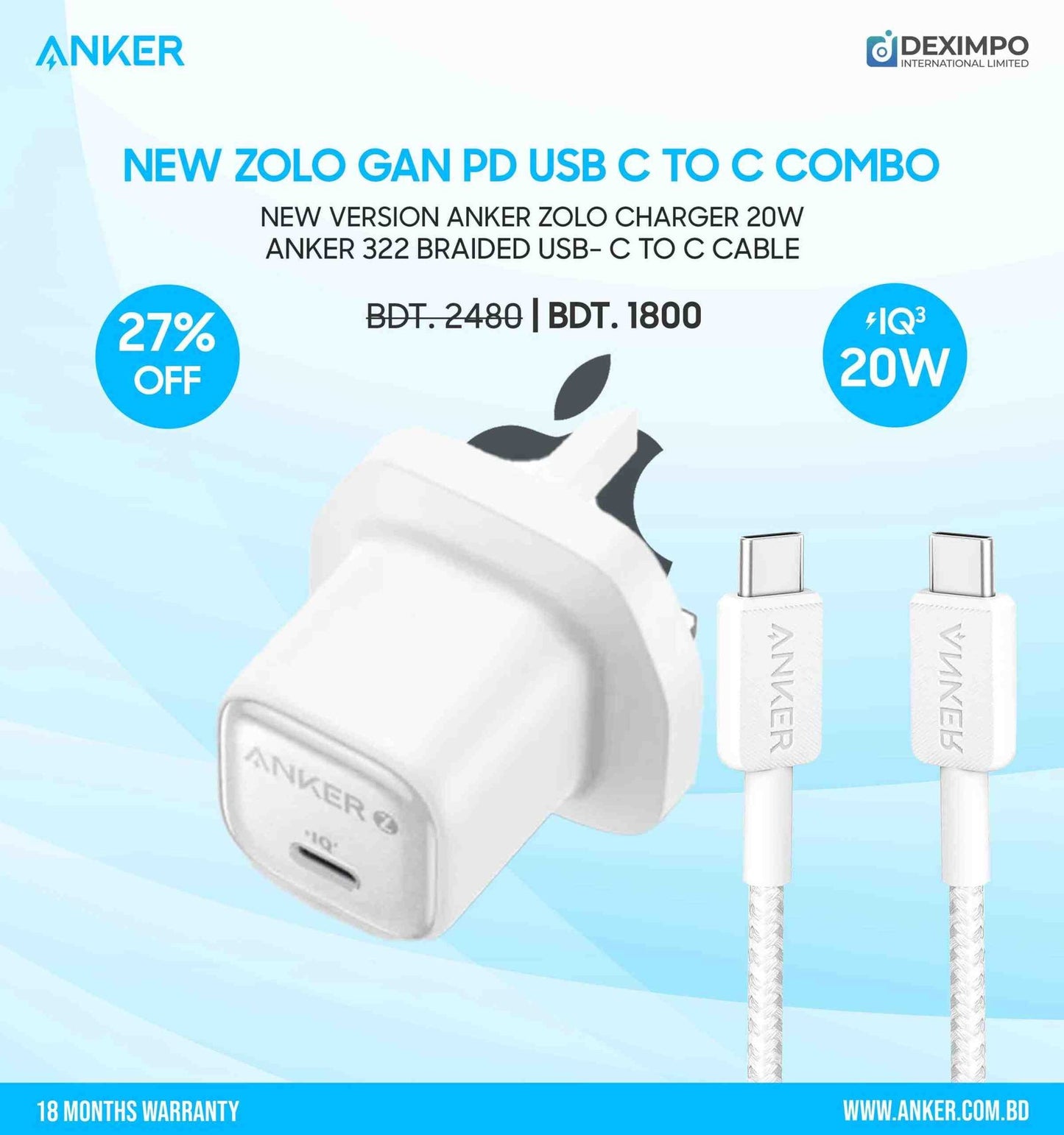 New Version Anker Zolo Charger 20W GaN IQ & PD Combo USB C