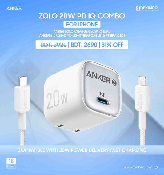 Combo Anker Zolo Charger 20W IQ & PD iPhone 14 Series and Below 6ft Cable