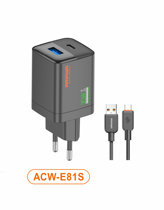 Amaya ACW-E81S USB 20W + Type-C 20W Fast Charger with Cable