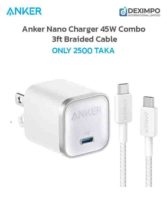 Anker Nano Charger 45W Allrounder Combo 3ft Braided Cable For (iPhone, Samsung, Pixel)