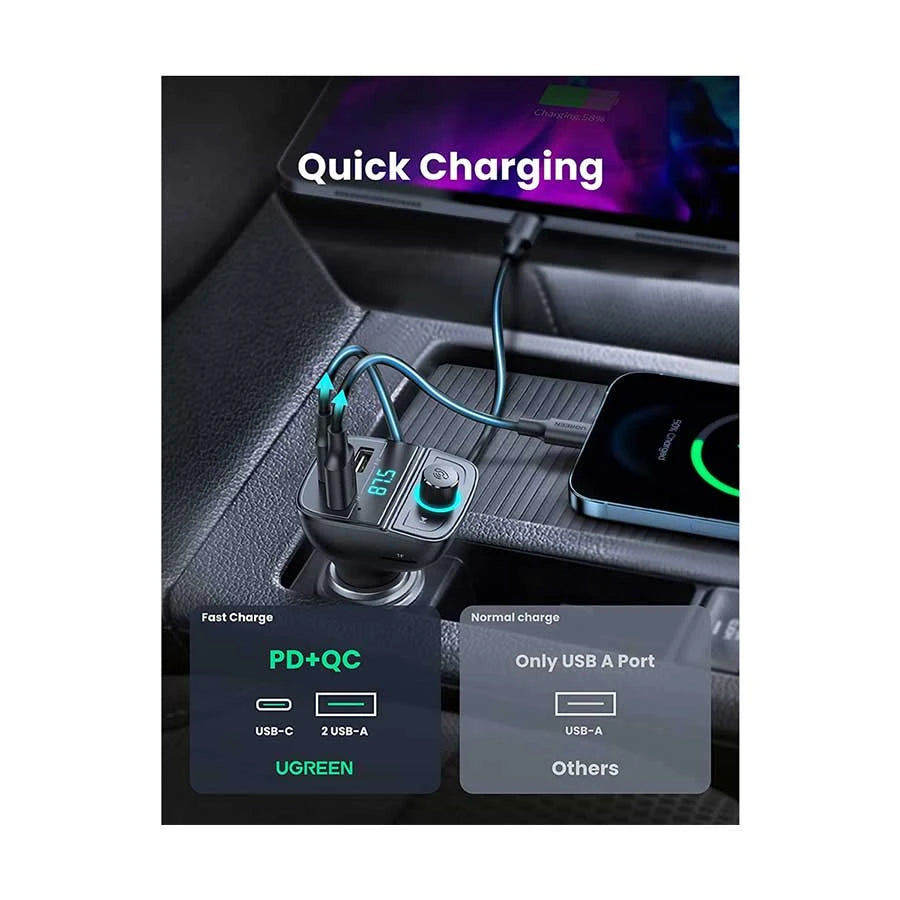 UGREEN CD229 (80910) Dual USB & Type-C QC 3.0 Black Car Charger with USB, TF, Bluetooth & FM Transmitter #80910