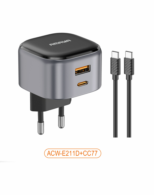Amaya ACW-E211D+CC77 USB-C 20W + USB-A 18W Fast Charger with C to C Cable