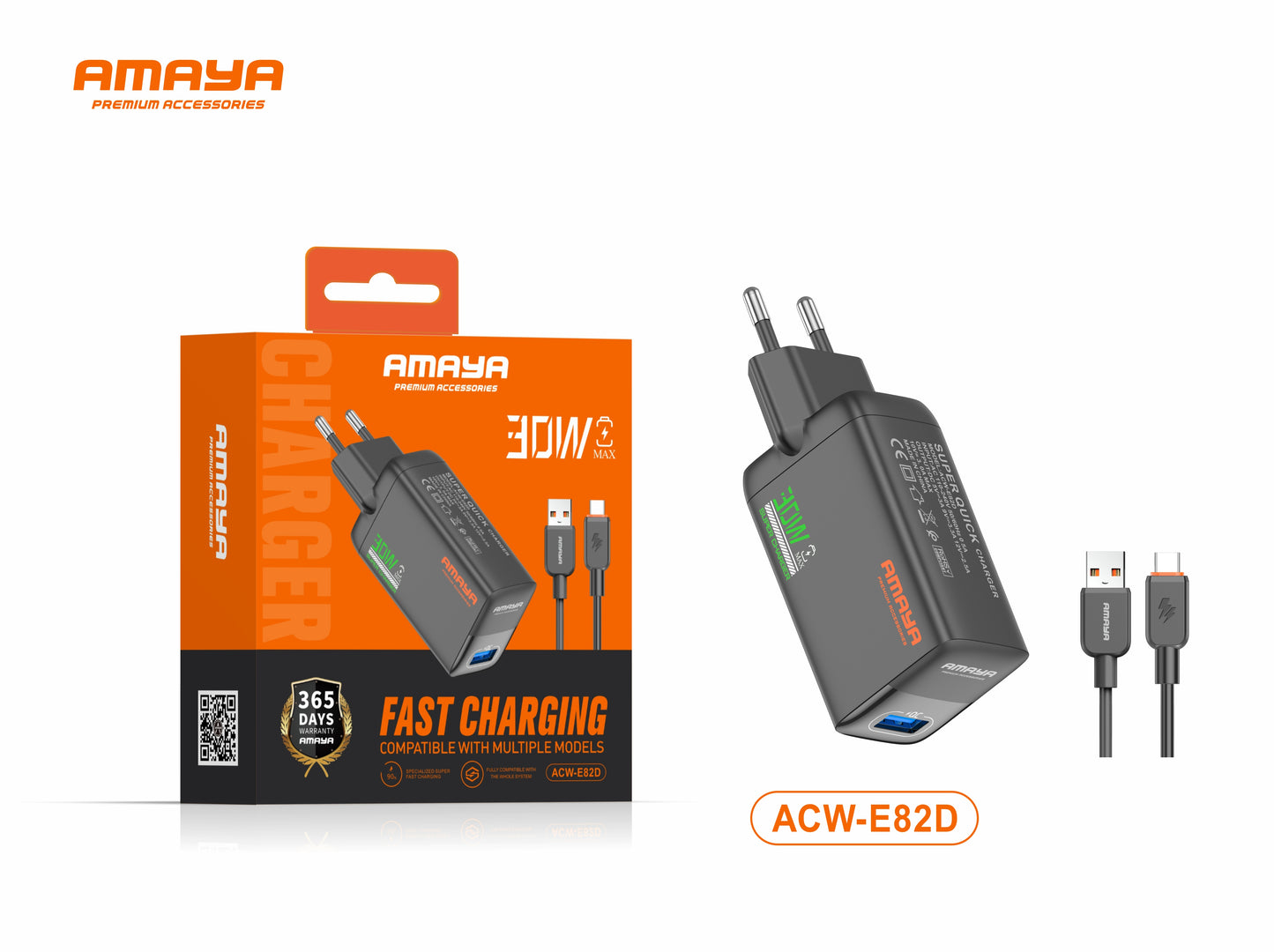Amaya ACW-E82D USB 20W Fast Charger with Type-C Cable
