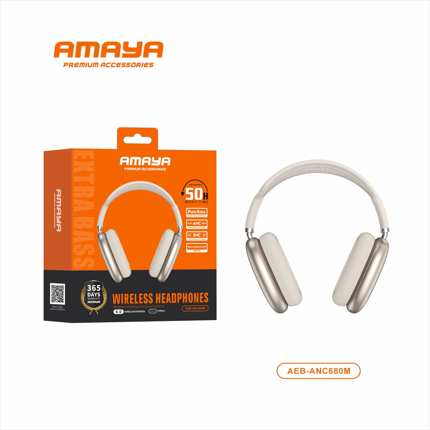Amaya AEB-ANC680M Detachable Magnetic ANC Over-Ear Headphones