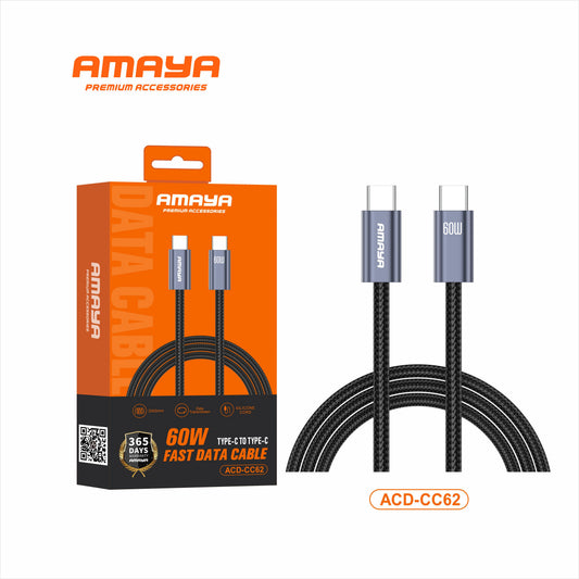Amaya ACD-CC62 60W Type-C to Type-C Fast Data Cable – 2 Meter (2000mm) Braided Fast Charging Cord
