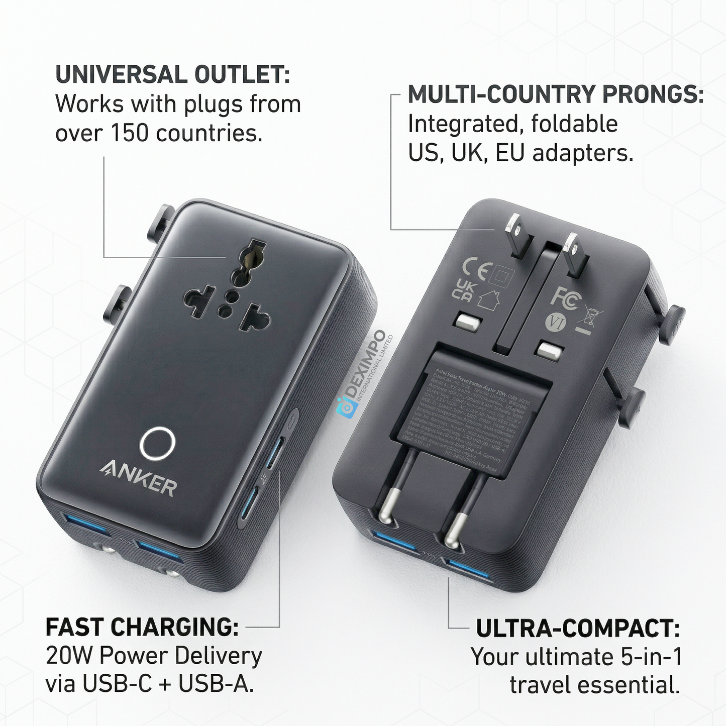 Anker Nano Travel Adapter (5-in-1, 20W) – Universal Fast Charging Travel Adapter