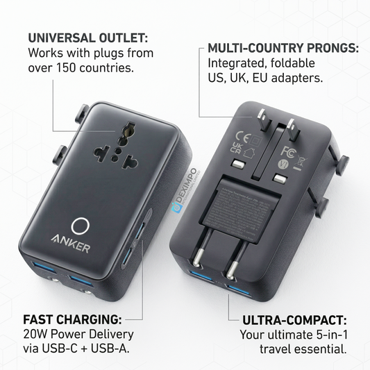 Anker Nano Travel Adapter (5-in-1, 20W) – Universal Fast Charging Travel Adapter