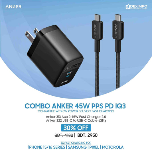 Anker 313 Combo 45W Fast Charger 2.0 for Samsung also PPS/PD/IQ3 Support Black