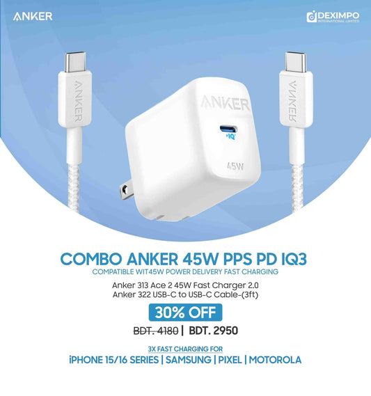 Anker 313 Combo 45W Fast Charger 2.0 for Samsung also PPS/PD/IQ3 Support White