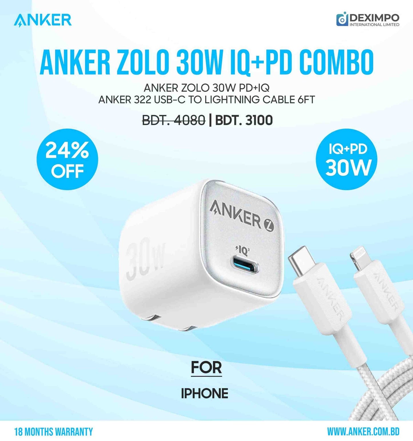 Anker Zolo 30W PD+IQ Apple Lightning Combo 6ft Cable