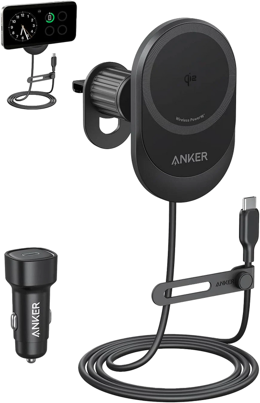 Anker MagGo Wireless Car Charger (Pad, Built-In USB-C Cable)