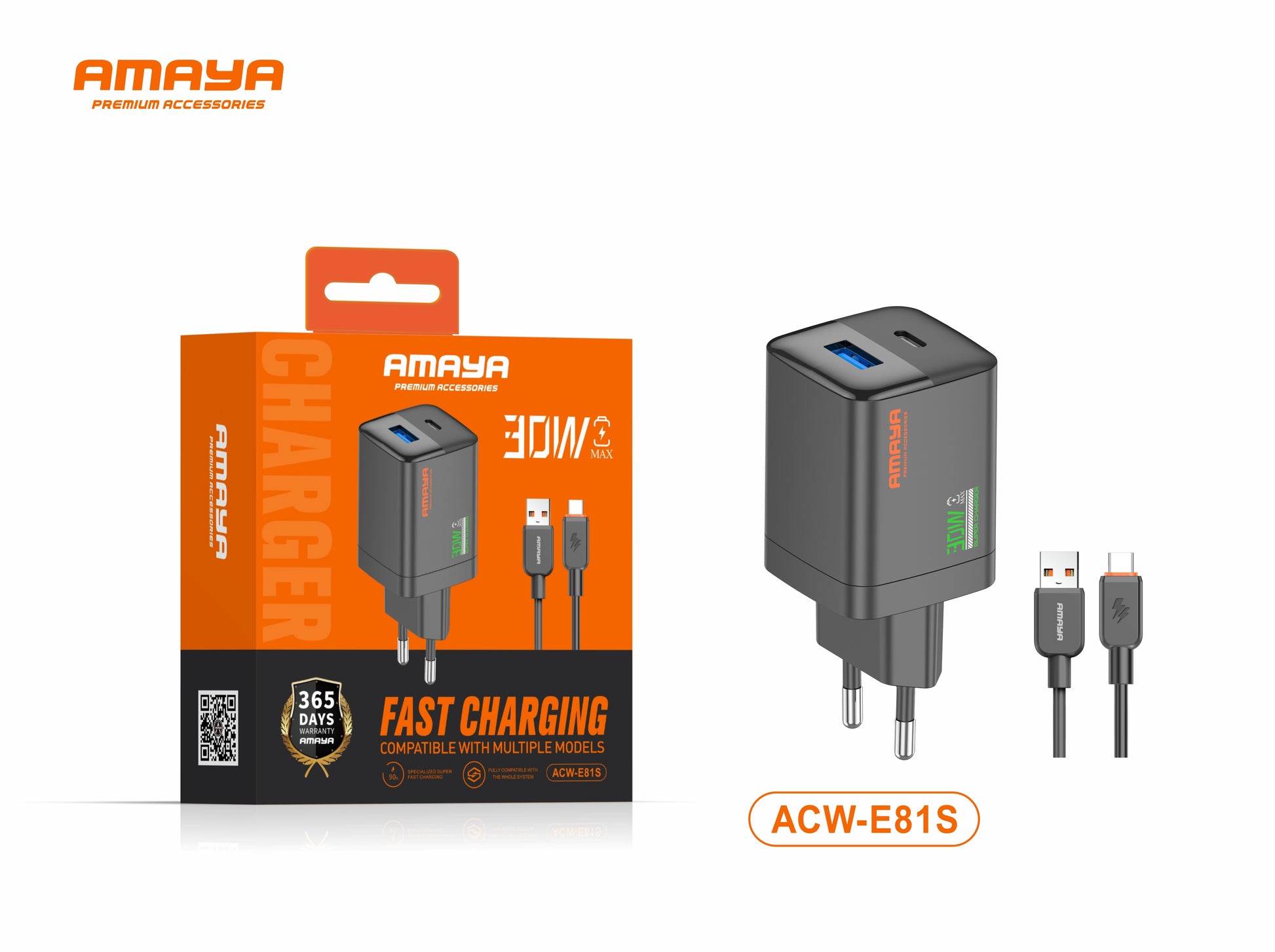 Amaya ACW-E81S USB 20W + Type-C 20W Fast Charger with Cable