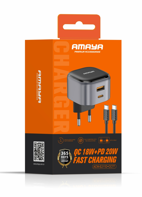 Amaya ACW-E211D+CC77 USB-C 20W + USB-A 18W Fast Charger with C to C Cable