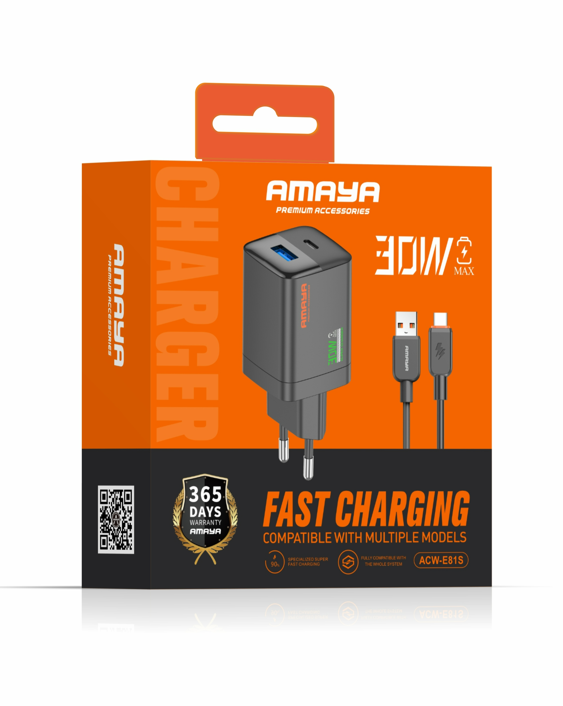 Amaya ACW-E81S USB 20W + Type-C 20W Fast Charger with Cable