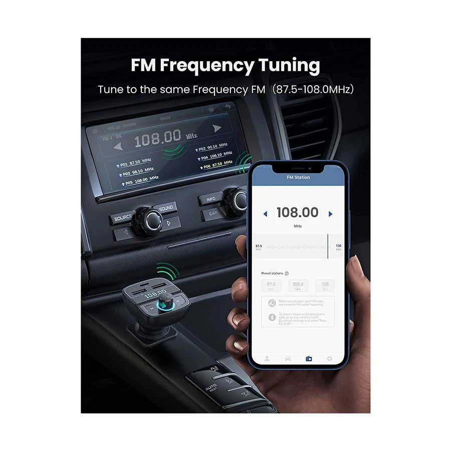 UGREEN CD229 (80910) Dual USB & Type-C QC 3.0 Black Car Charger with USB, TF, Bluetooth & FM Transmitter #80910