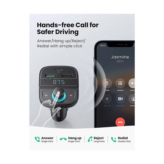 UGREEN CD229 (80910) Dual USB & Type-C QC 3.0 Black Car Charger with USB, TF, Bluetooth & FM Transmitter #80910